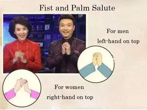 Fist and palm salute gesture for male and female