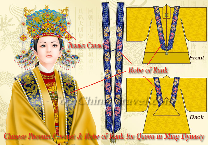Corona cinese phoniex e veste di rango per la regina della dinastia Ming