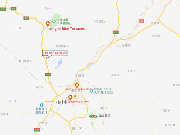 Mappa dei trasporti da Guilin a Longji Rice Terraces