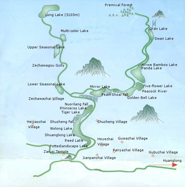 Mappa della valle del Jiuzhaigou