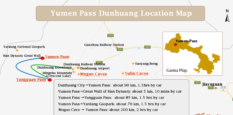 Mappa della posizione del Passo Dunhuang Yumen (Porta di Giada).