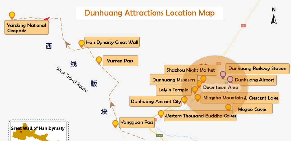 Mappa della posizione della Grande Muraglia della dinastia Han di Dunhuang
