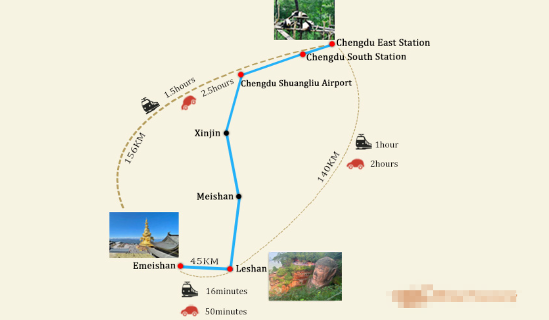 Mappa della posizione e dei trasporti del Buddha gigante di Leshan